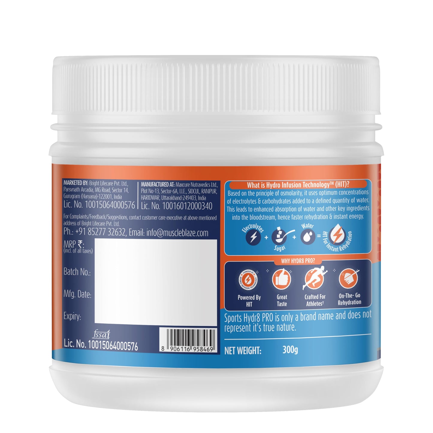 MuscleBlaze Sports Hydr8 PRO (Zesty Orange, 300g, 30 Servings)|950mg El- image 5