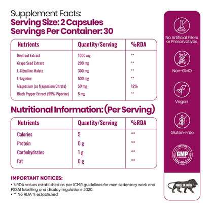 Auraika Beet Root Capsules 2000mg | 6-in-1 Nitric Oxide Support with Beetroot, L-Arginine, L-Citrulline & Grape Seed | Supports Circulation, Heart & Muscle Health, Energy, Stamina & Endurance | 60 Vegan Capsules