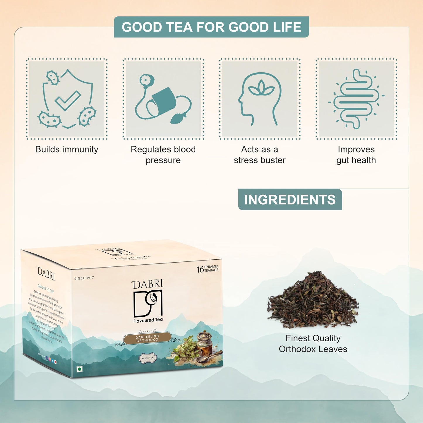DABRI Darjeeling Orthodox Black Tea 16 Pyramid Dip Tea Bags | No muslin or paper used | Authentic Black Tea from the premium estates in Darjeeling | Light, Floral & Muscatel Flavor