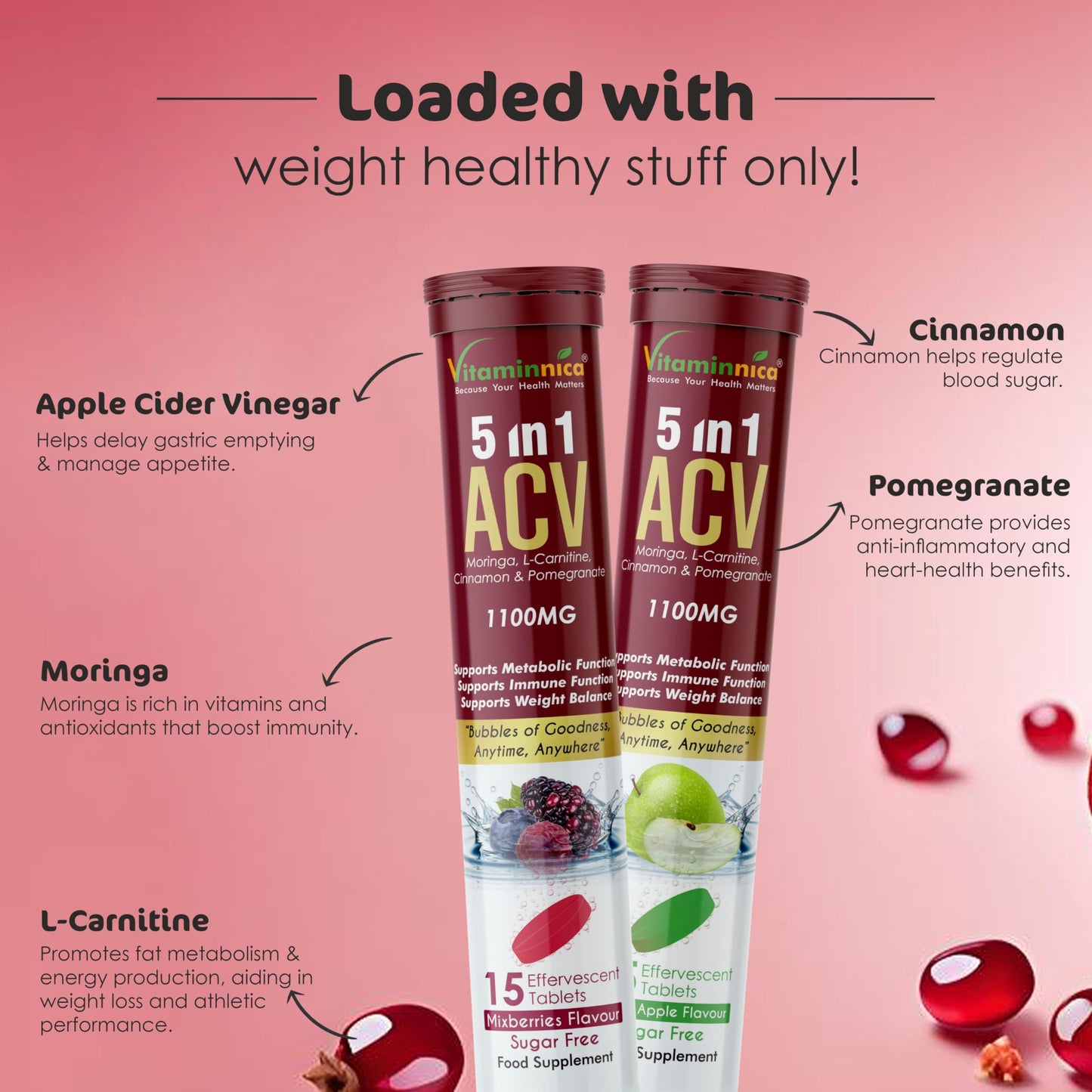 Vitaminnica ACV 5-in-1 Moringa Effervescent Tablets | Green Apple Flavor | 1100mg Natural Energy & Immunity Booster | Apple Cider Vinegar with Antioxidants to Help Control Cravings | 15 Tablets (Pack of 1)