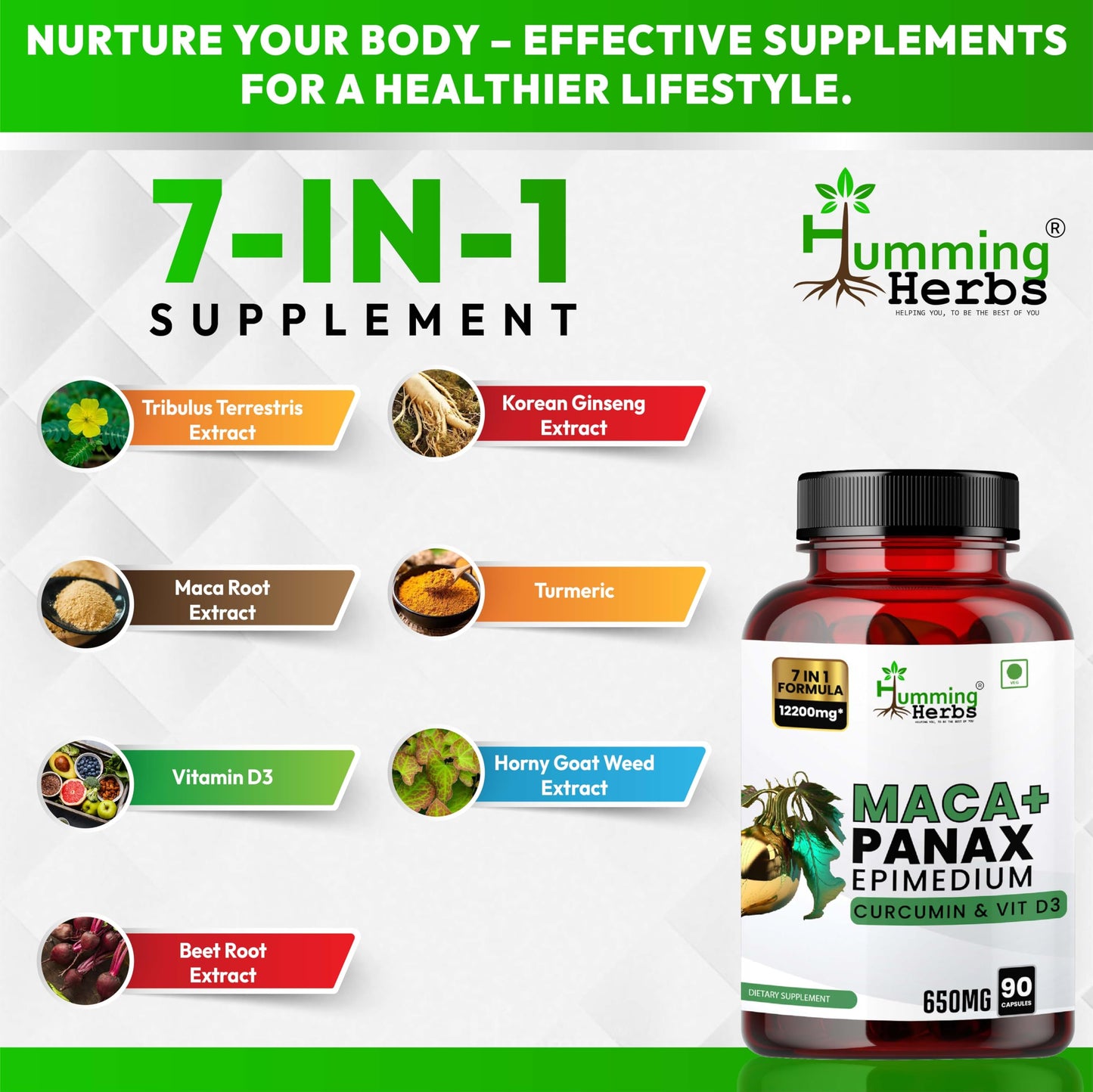 Humming Herbs Maca with Panax Ginseng Supplements 7200mg | Maca Root Extract Powder | Increase Stamina and Build Muscle - 90 Capsules