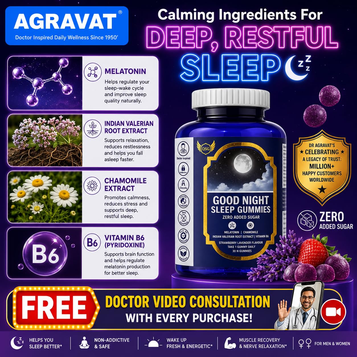AGRAVAT® Good Night Sleep Gummies - helps you Better Sleep and Non-Addictive | Wake Up Fresh & Energetic | Muscle Recovery & Nerve Relaxation for Men & Women | ZERO Added SUGAR | 30 Gummies