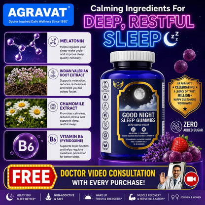 AGRAVAT® Good Night Sleep Gummies - helps you Better Sleep and Non-Addictive | Wake Up Fresh & Energetic | Muscle Recovery & Nerve Relaxation for Men & Women | ZERO Added SUGAR | 30 Gummies