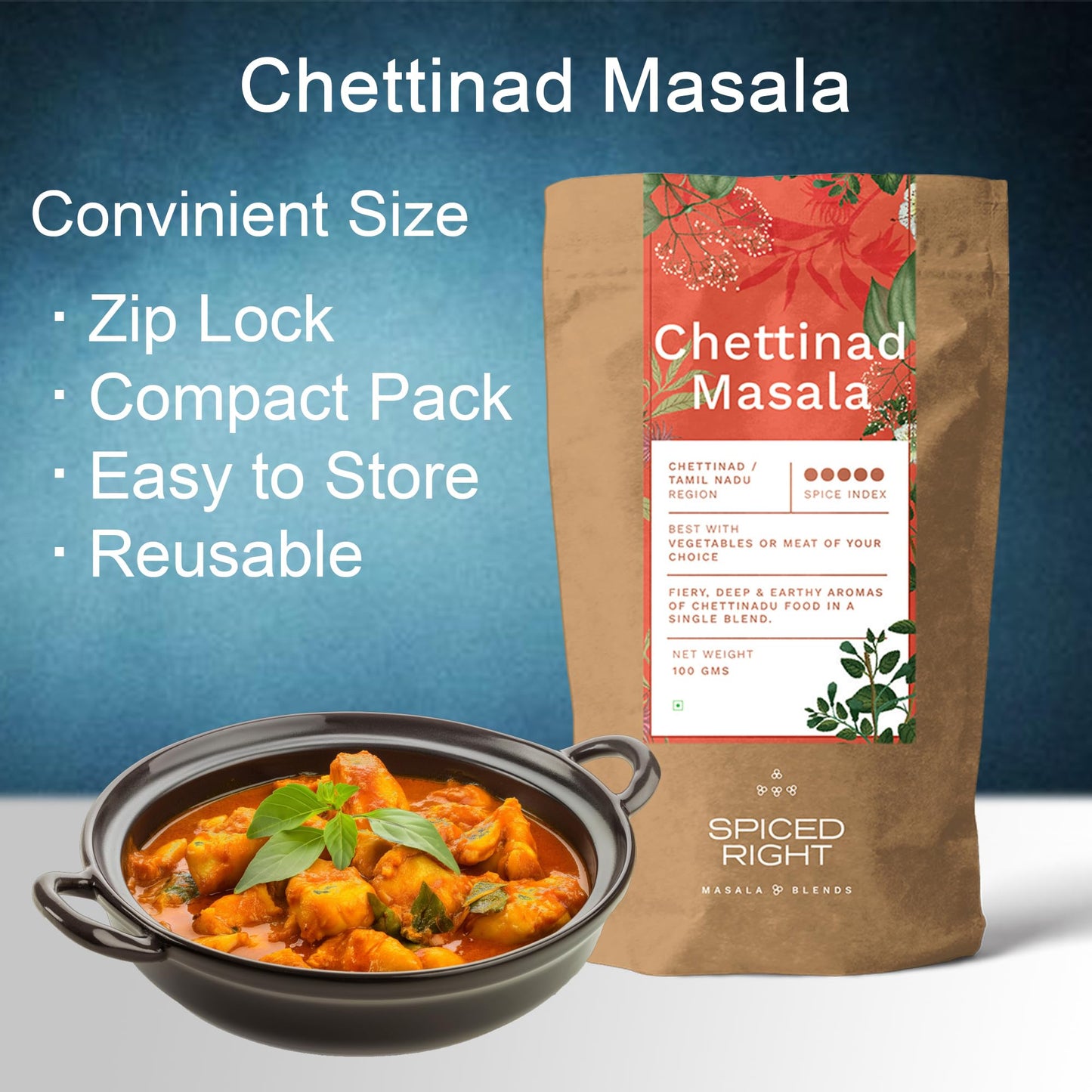 Spiced Right Chettinad Masala 200 g - South Indian Blend for Chicken Mutton Fish Prawns| No Preservatives or Artificial Colors | Authentic Hot Masala Spice Powder for Biryanis Curries & Gravies