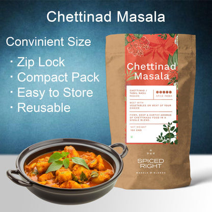 Spiced Right Chettinad Masala (100 Gm) with Natural Ingredients | No Preservative or Artificial Colours | Enriched with Red Chilli, Kapok Buds, Star Anise, Black Peppercorn, Coriander Seed