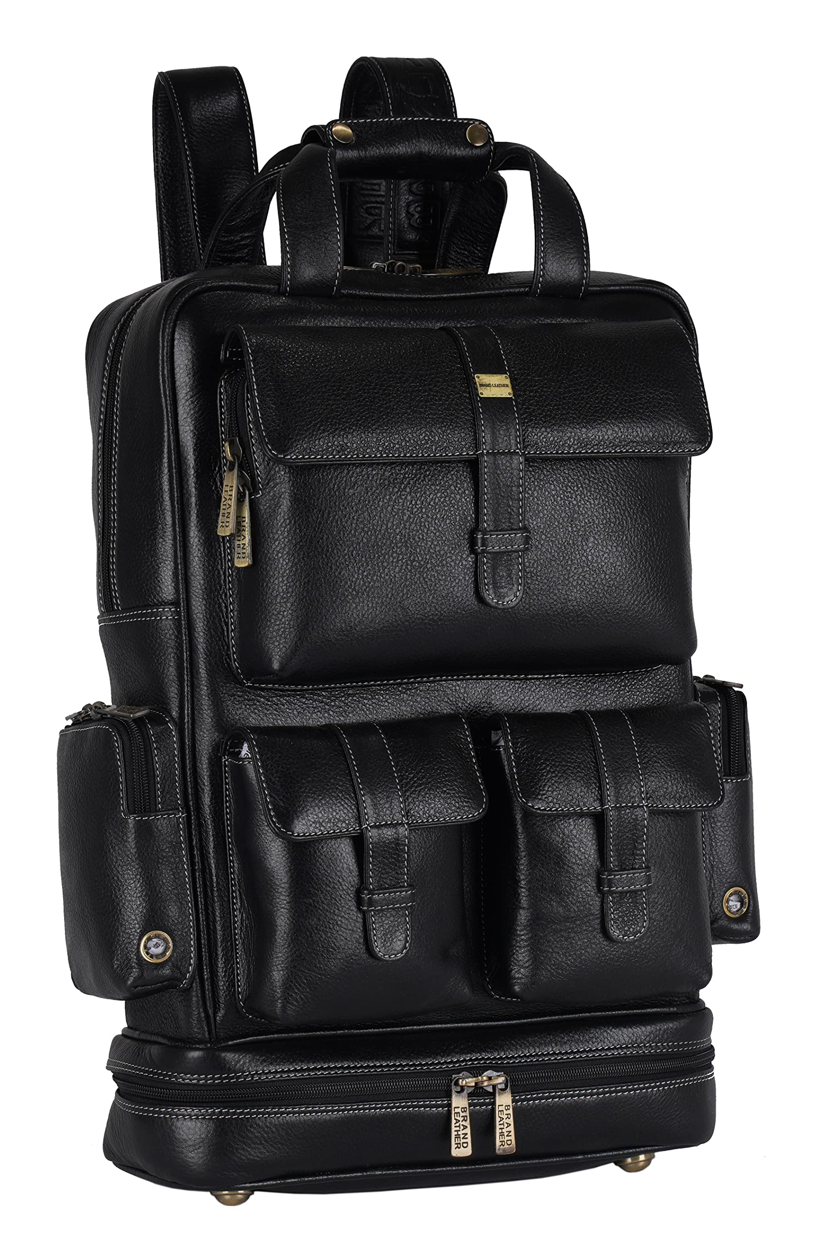 BRAND LEATHER 16 Inch Genuine Leather Large Capacity Laptop Backpack Multi Pocke