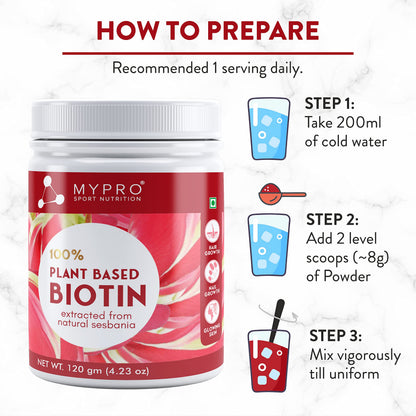 Mypro Sport Nutrition 100% Plant Based Biotin Extracted From Natural sesbania With Amla,Pomegranate,Sea Buckthron,Bamboo Shoot - 120 Gm Powder (4.23 oz)