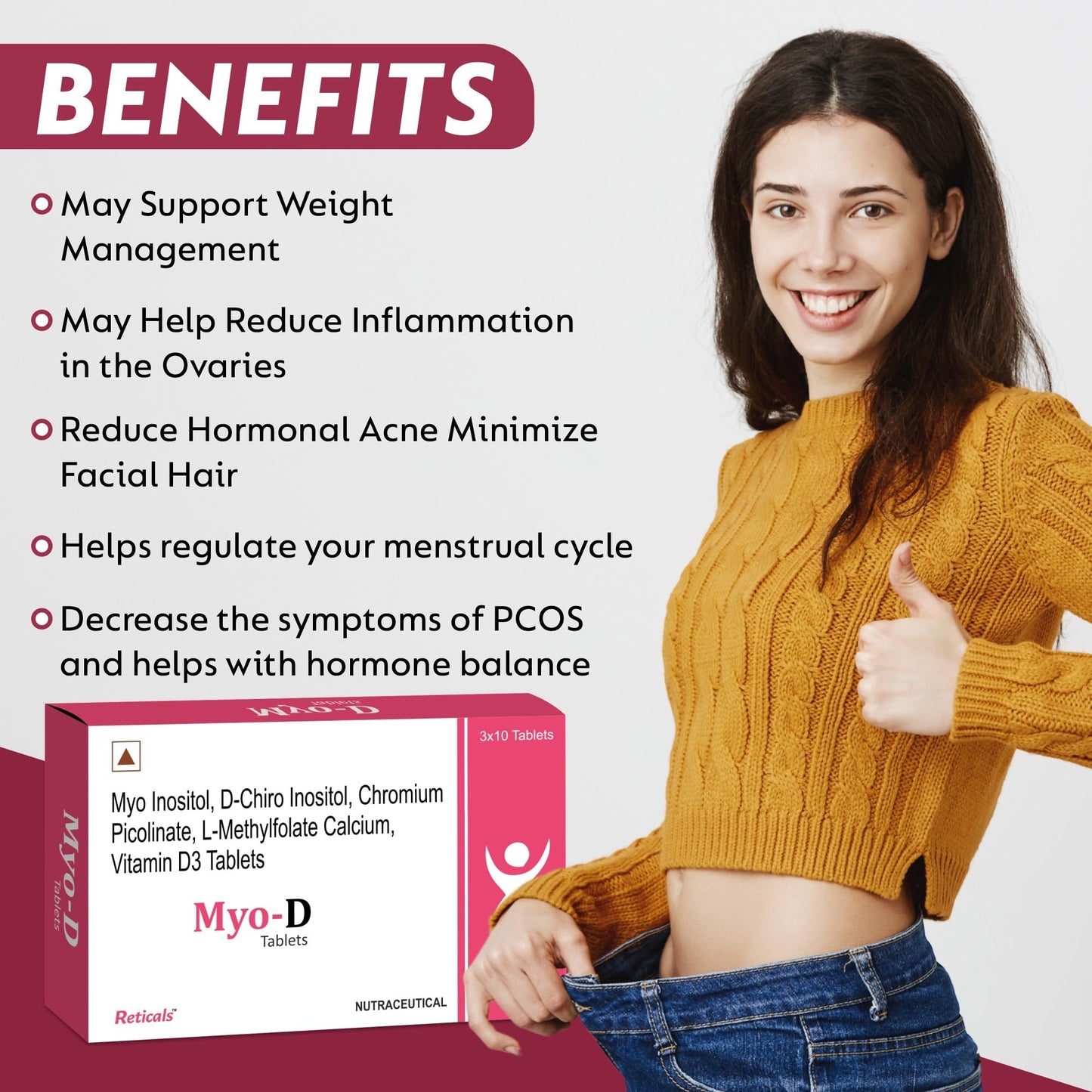 Reticals PCOS, PCOD management for women- Myo-inositol, D-Chiro Inositol, L-Methylfolate Vitamin D3, Chromium picolinate, Pack of 30 Tablets