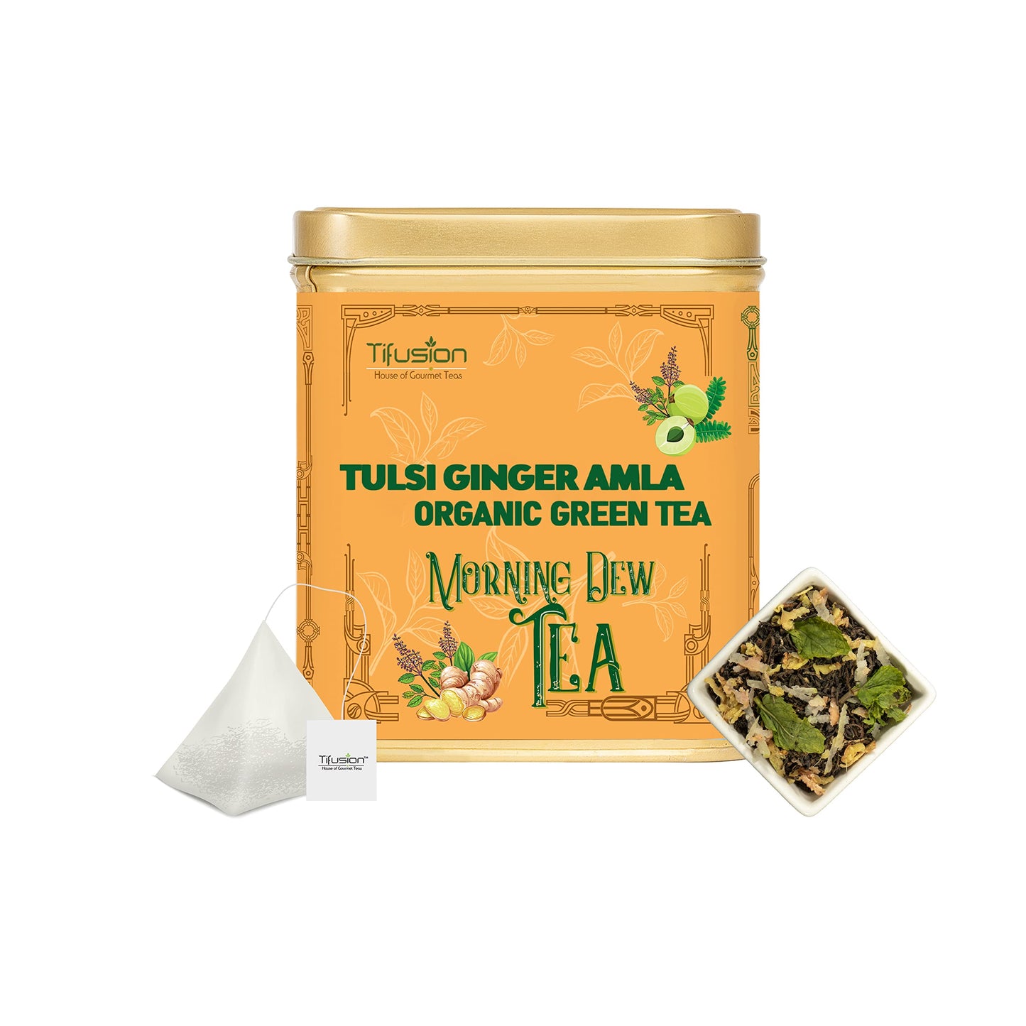 Tifusion Tulsi Ginger Amla Organic Green Tea For Cough Cold Sore Throat Digestion Darjeeling Herbal Organic Whole Leaf Chai Immunity Booster Tea (30 Tea Bag, 30 Serving Cups)