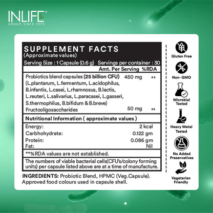 INLIFE Probiotics Forte 25 Billion CFU, 14 Strains with Lactobacillus Reuteri, Gut Digestive & Immune Health, Men Women, 30 Veg Capsules (30 count (pack of 1))