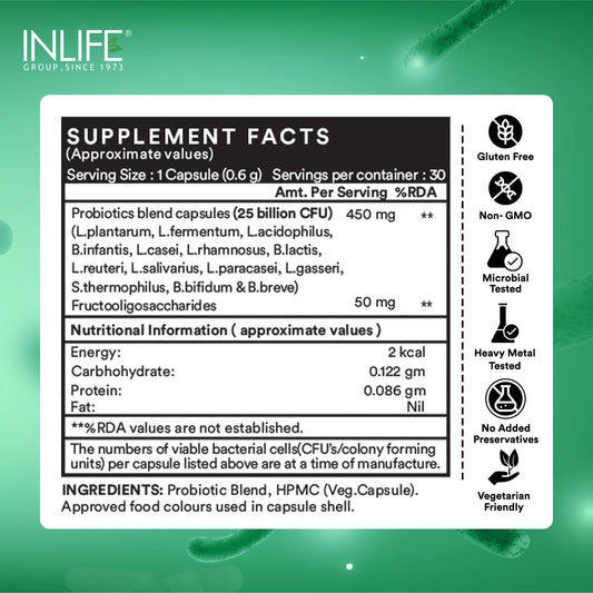INLIFE Probiotics Forte 25 Billion CFU, 14 Strains with Lactobacillus Reuteri, Gut Digestive & Immune Health, Men Women, 30 Veg Capsules (30 count (pack of 1))