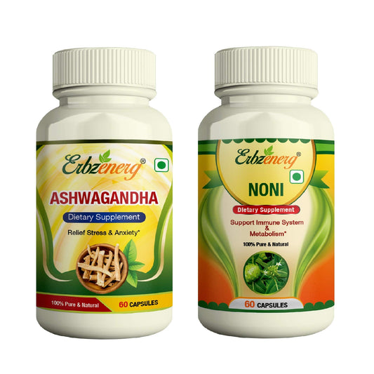 ERBZENERG® Ashwagandha (Withania somnifera) 60 Capsules and Noni (Morinda citrifolia) 60 Capsules (Pack of 1)