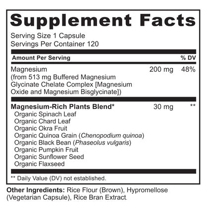 Naturelo Magnesium Glycinate Supplement 200 mg 120 Vegetarian Capsules
