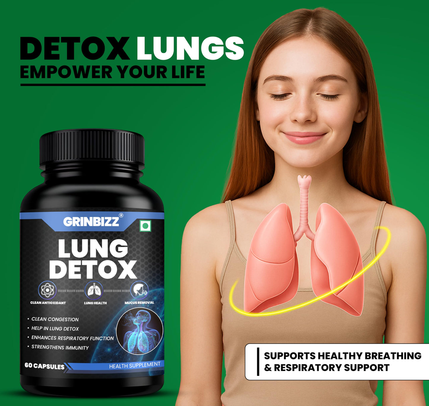 Grinbizz Lung Detox Capsules | Supports Lung Health, Respiratory Function & Mucus Removal | Herbal Antioxidant Cleanse | Ayurvedic Supplement for Immunity & Breathing Support | 60 Capsules