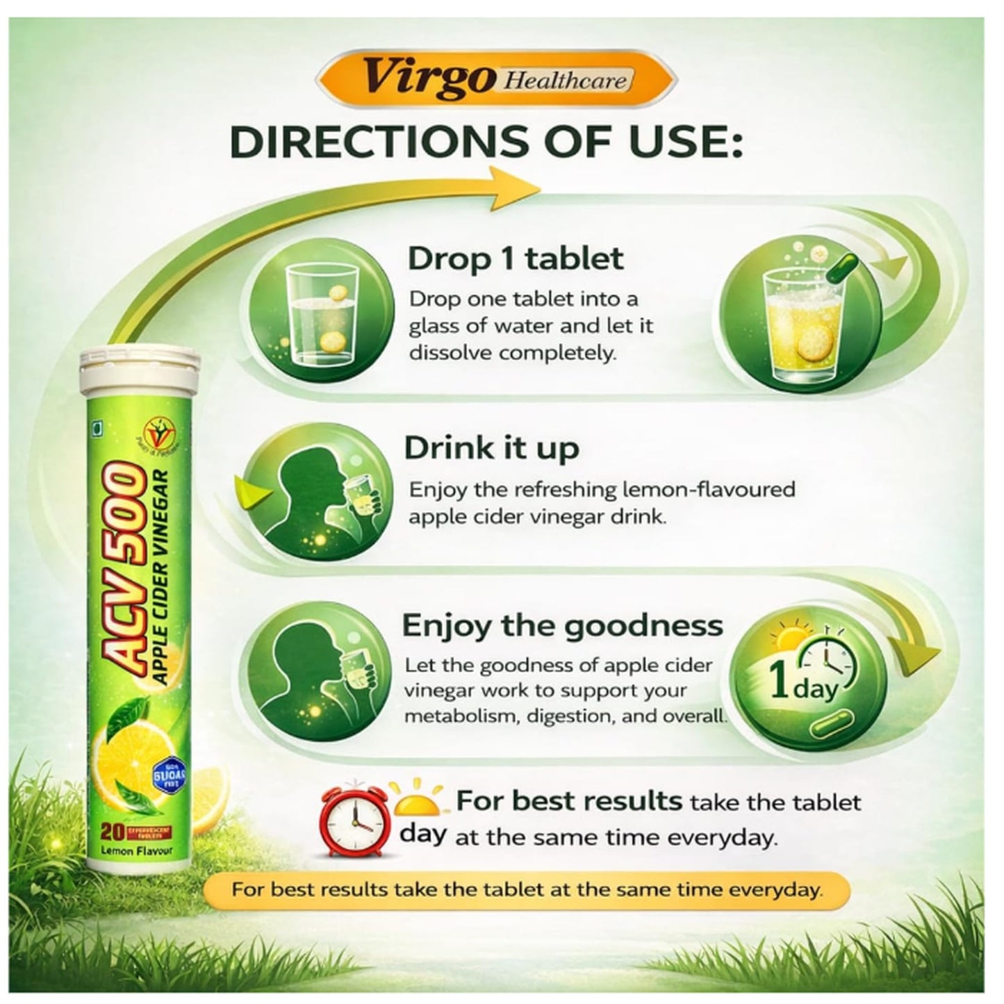 Virgo Healthcare Apple Cider Vinegar Effervescent Tablets ACV 500mg, Lemon Flavour | Instant Fizzy ACV Drink for Digestion, Gut Health, Detox & Weight Management | 20 Tablets