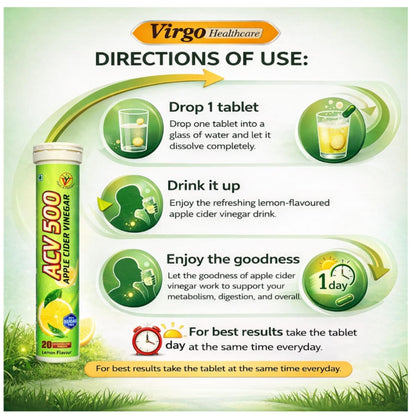 Virgo Healthcare Apple Cider Vinegar Effervescent Tablets ACV 500mg, Lemon Flavour | Instant Fizzy ACV Drink for Digestion, Gut Health, Detox & Weight Management | 20 Tablets