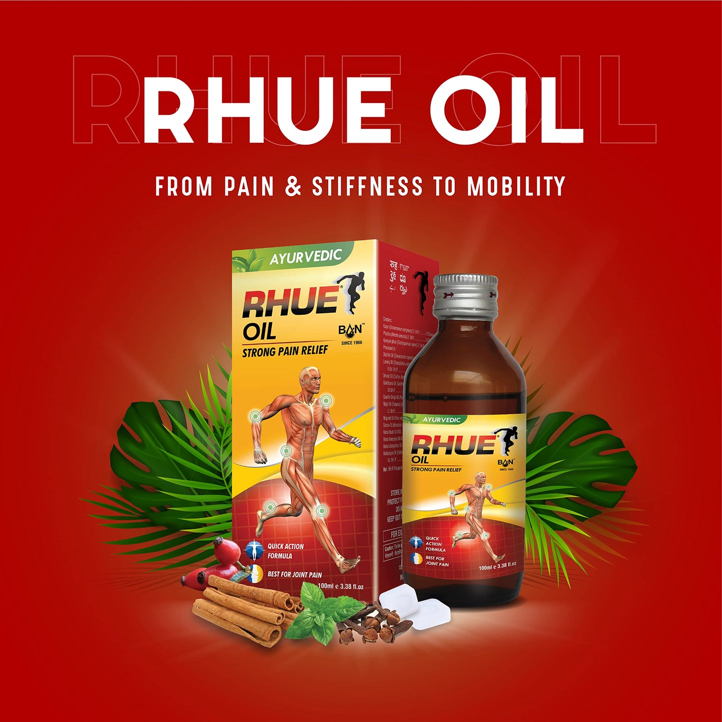 RHUE Strong Pain Relief Oil 100ml Pack of 2 | Ajwain, Mustard & Clove Oil Extract With Natural Herbs | Ayurvedic Massage Tel For Knee/Legs/Shoulder/Neck/Back & Joint | Ointment For Men & Women