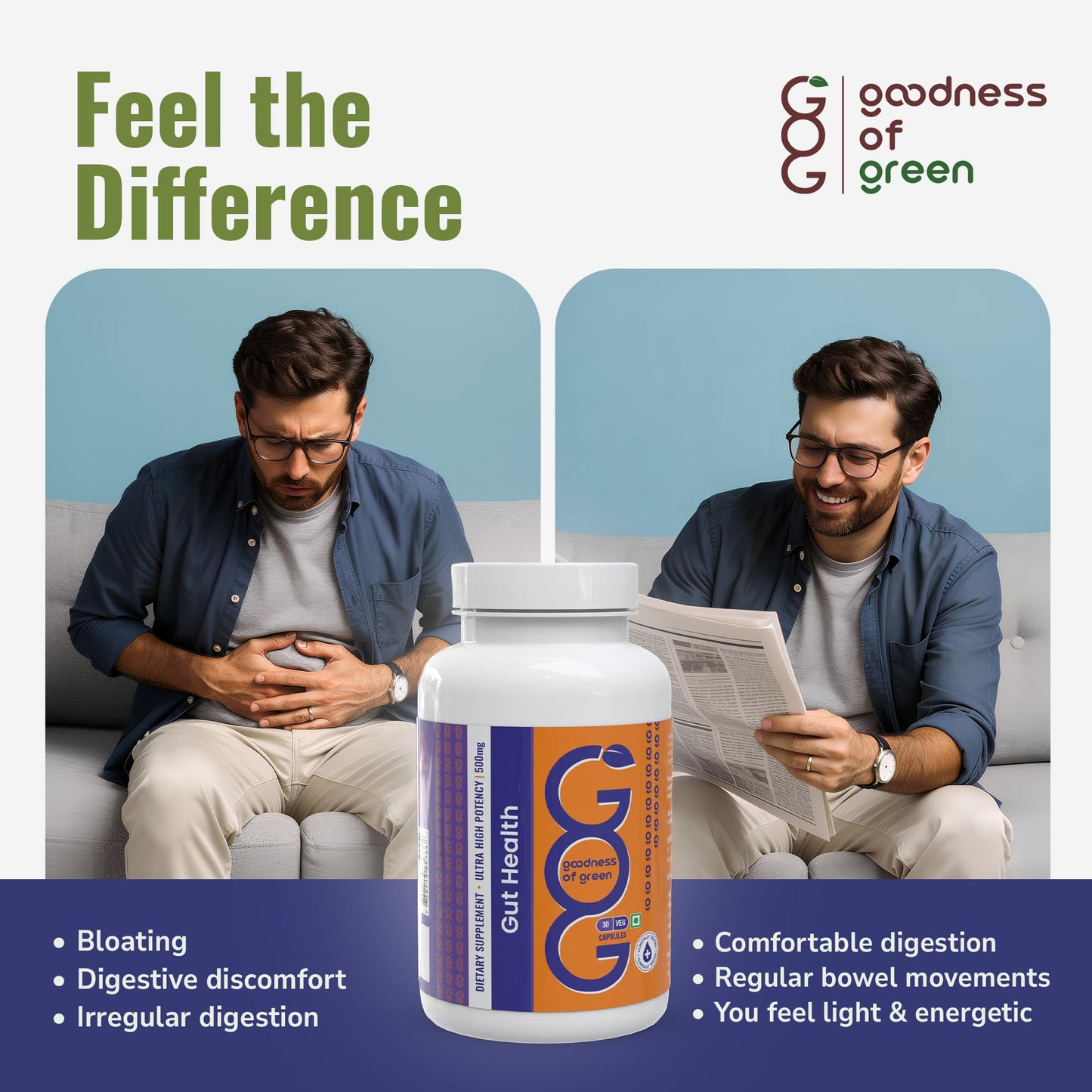 Goodness of Green Gut Health Capsules, 14 Powerful Herbs, Supports Smooth Digestion, Reduces Gas & Bloating, Improves Nutrient Absorption, and Strengthens Gut Immunity, 30 Veg Capsules
