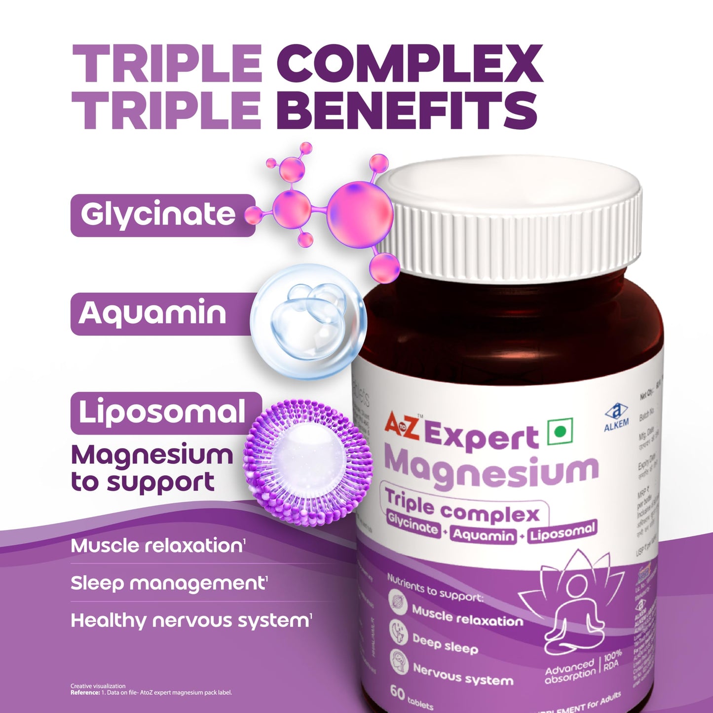 A to Z Expert Magnesium Triple Complex with 440 mg Elemental Magnesium | Liposomal Oxide, Glycinate & Aquamin| Supports Sleep, Stress Relief, Muscle Recovery & Energy | High Absorption | 60 Tablets