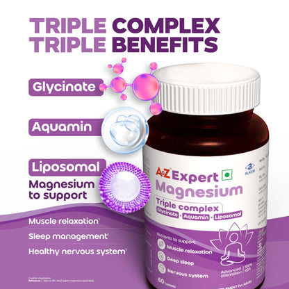 A to Z Expert Magnesium Triple Complex with 440 mg Elemental Magnesium | Liposomal Oxide, Glycinate & Aquamin| Supports Sleep, Stress Relief, Muscle Recovery & Energy | High Absorption | 60 Tablets