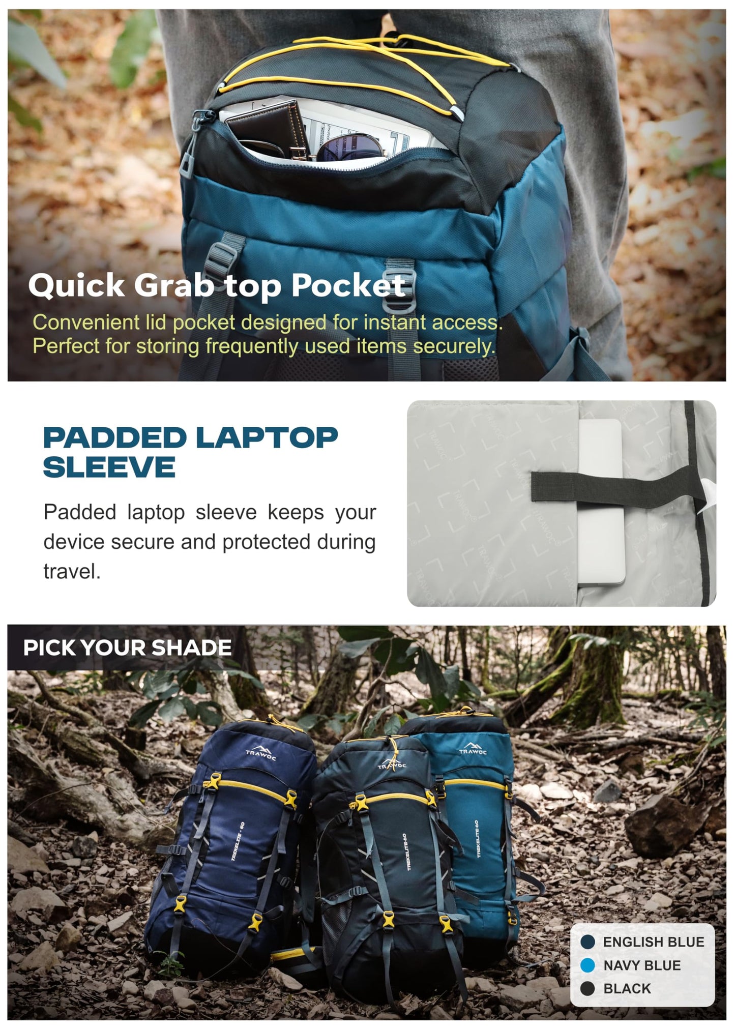 TRAWOC TREKELITE 60L Travel Backpack Hiking Trekking Bag Camping Rucksack for Men & Women with Water Proof Rain Cover/Shoe Compartment MHK004, 3 Year Warranty, English Blue