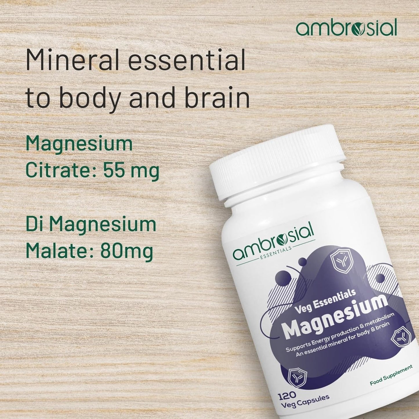 Ambrosial Magnesium Complex Food Supplement | Increases Muscle Functions | Reduces Tiredness | Boosts Energy Levels (Pack of 1-120 Capsules)