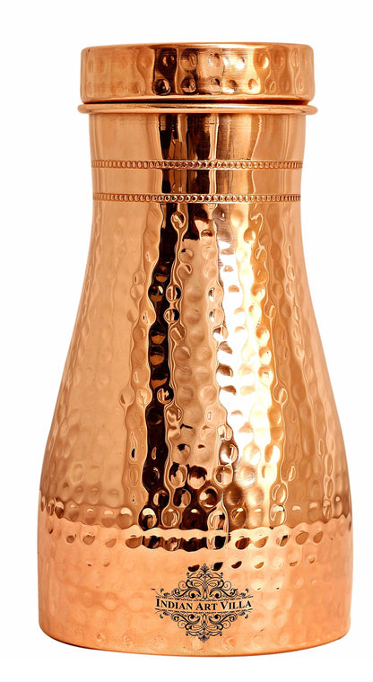 INDIAN ART VILLA Pure Copper Bedroom Water Bottle with Inbuilt Glass, Hammered Shine Design, Drinkware and Storage Purpose, 1000 ml (Pack of 1)