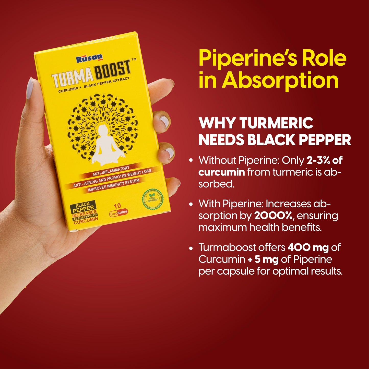 Rusan TURMA BOOST Curcumin 95% 400mg + Black Pepper Extract | 50 Capsules | Immunity & Joint Care | Anti-Inflammatory Support