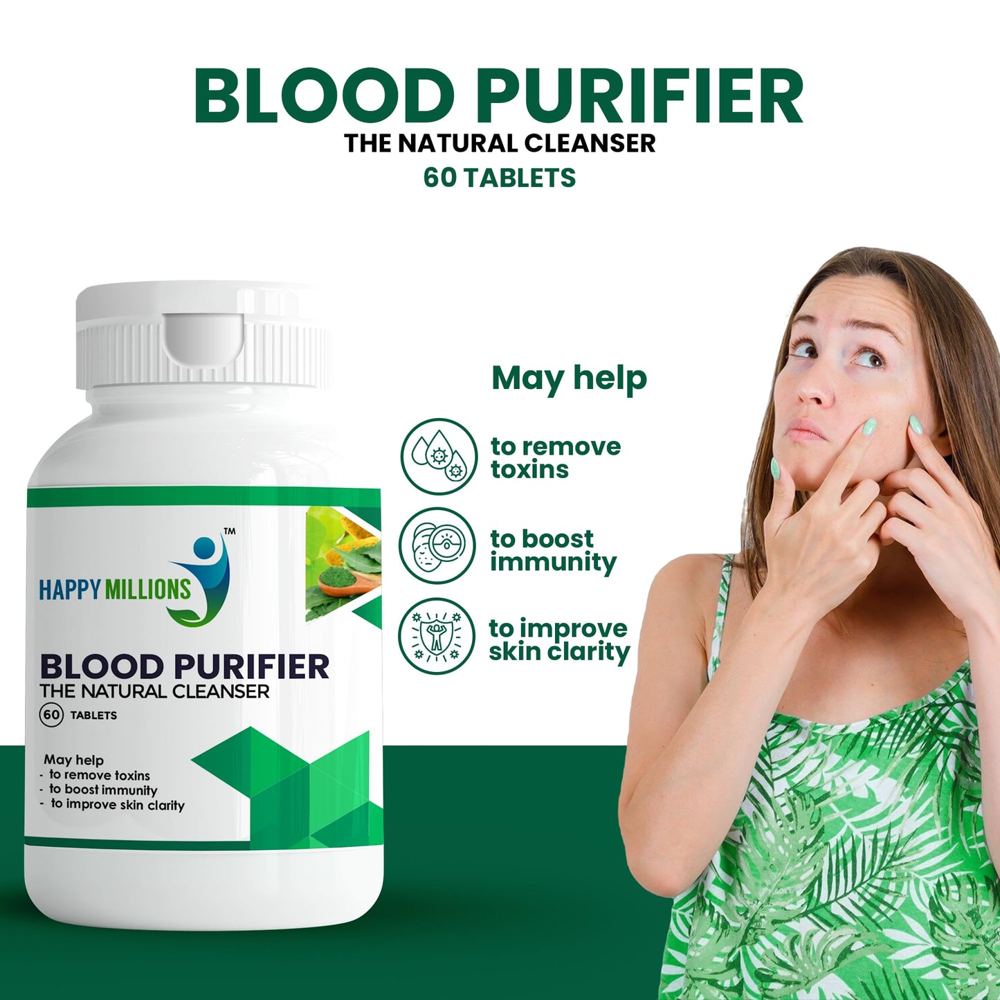 HappyMillions Blood Purifier Ayurvedic Detox for Clear Skin & Pimples Reduction Boosts Immunity with Neem, Giloy, Amla & Haldi Supports Liver Health 2 Tablets Daily For Healthcare Advised 60 Tablets