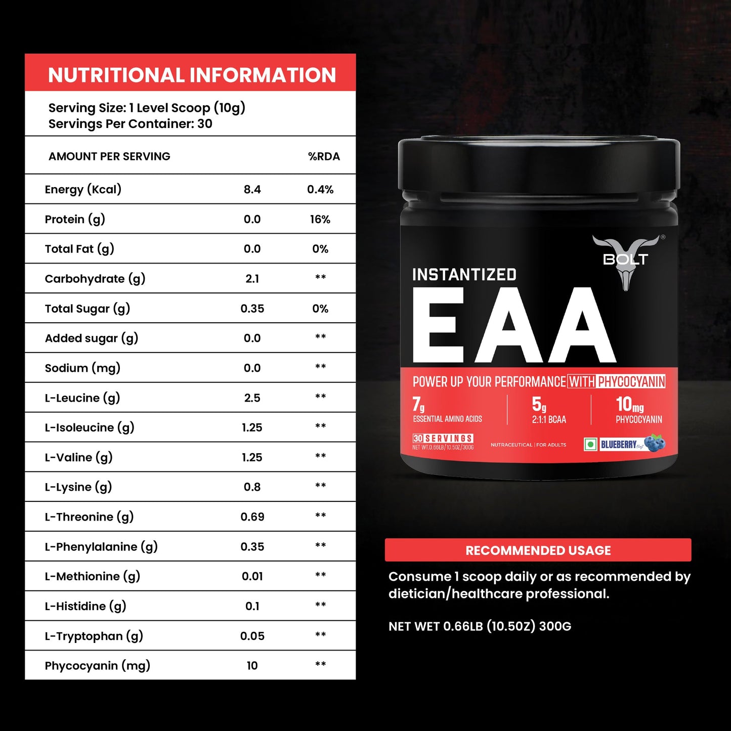 Bolt EAA 300gm, 30 Servings|Nine Essential Amino Acid with BCAA 5000|EAA Supplement for Men & Women- Blueberry Blast