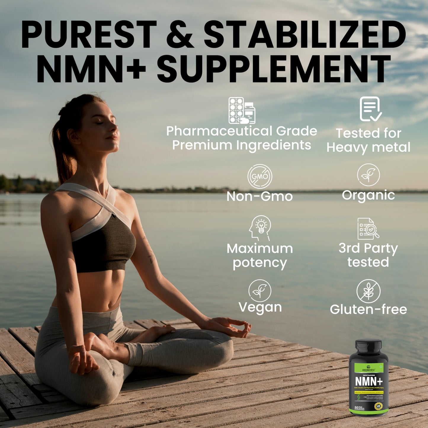 GREENDORSE NMN 99.9% Pure with Apigenin, Trans- resveratrol & Quercetin 3 IN 1 Supplement | High Bioavailability, Natural, 3rd Party Lab Tested Ultra Pure by HPLC | Boosts NAD+, Slow Down Aging, Cellular Repair, Muscle Strength, Heart health | - 60 Veg Ca