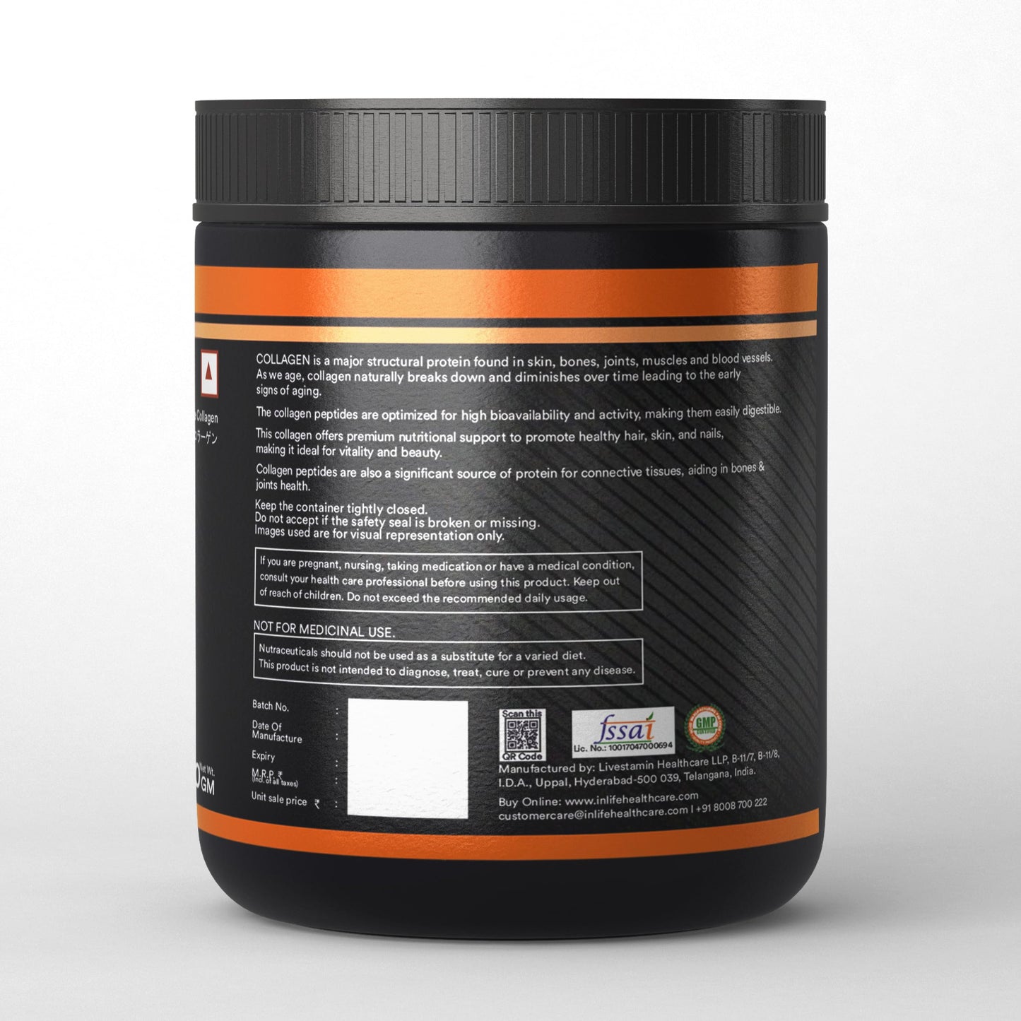 INLIFE Japanese Collagen Powder, Wellnex Clinically Studied Type 1 & 3, Glucosamine Hyaluronic Acid Vitamin C, Skin Hair & Joint Health, Orange 60g
