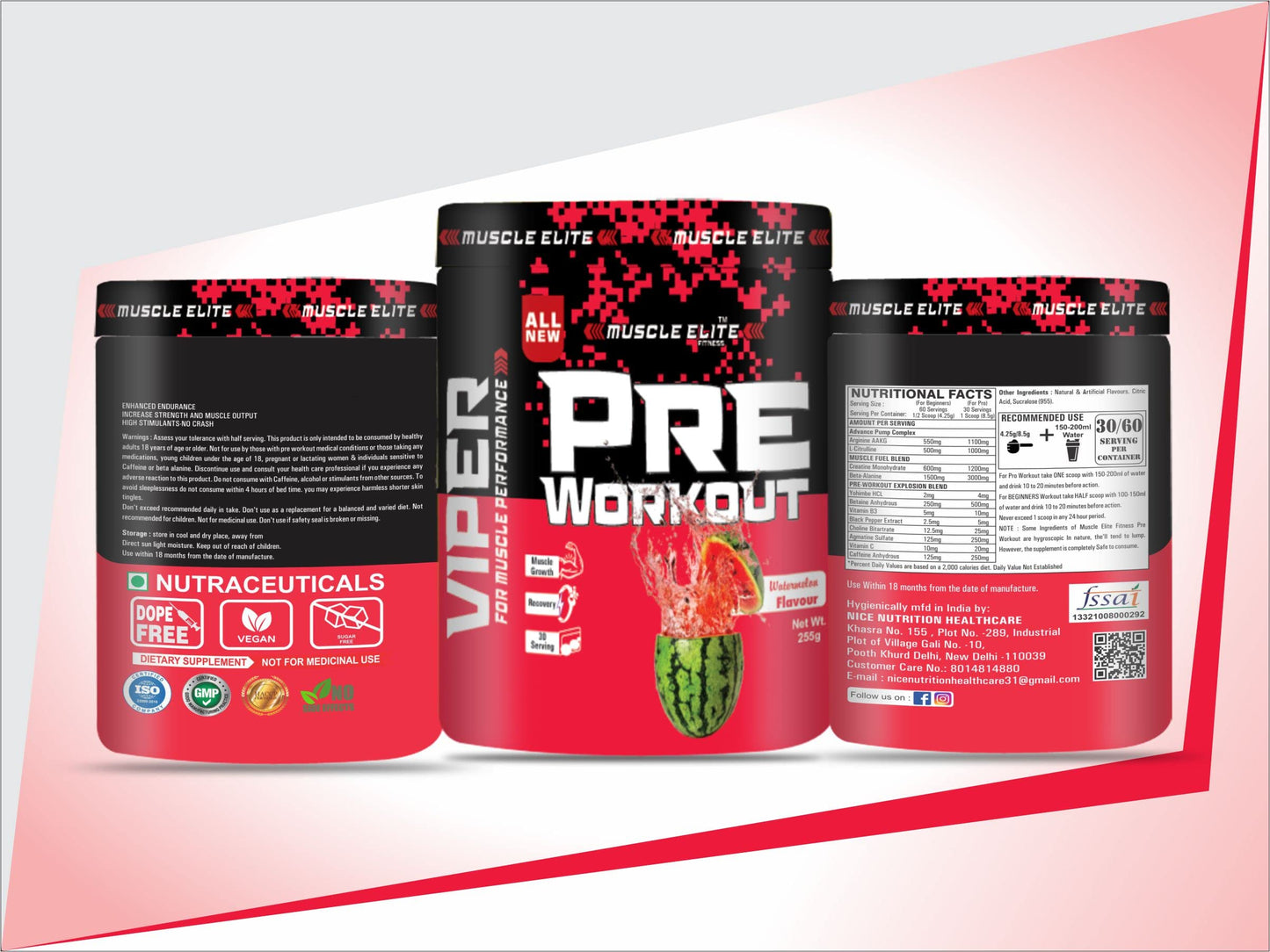 MUSCLE ELITE FITNESS Pre Workout Body Supplement – 255g, Watermelon Flavour