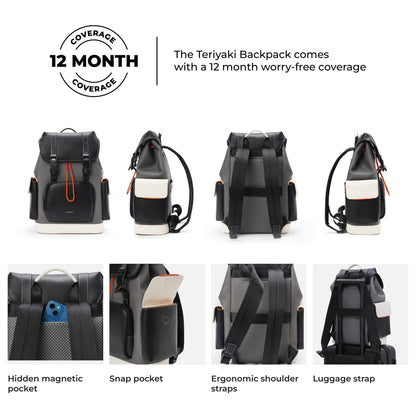 MOKOBARA Teriyaki 4 Compartment Backpack | 15.6 Inch Laptop Compartment, 19.5L Capacity | Signature Coated Canvas & Vegan Leather Trims, Water-Resistant, Lightweight | Padded Back Panel (Black Sesame)