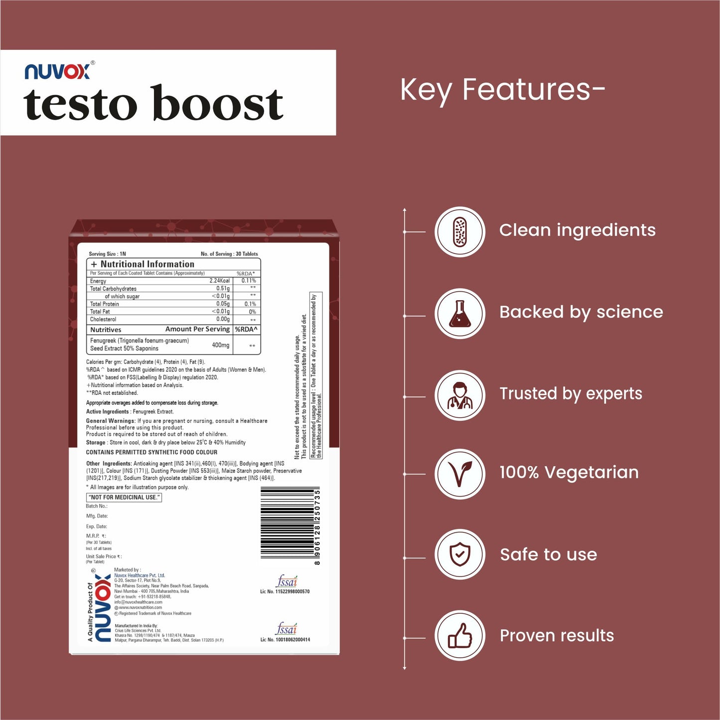 NUVOX Testoboost - Natural Testosterone Supplement for Men | Fenugreek seed extract | For energy, stamina, performance & endurance | 30 Tablets