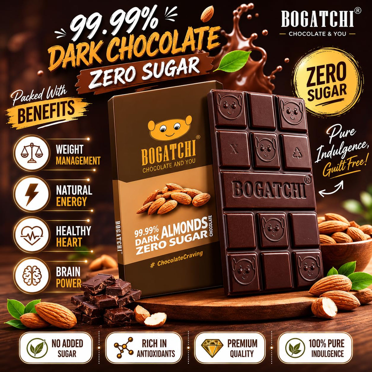 BOGATCHI Premium 99% Dark Chocolate with Almonds, 60g | Intense Real Cocoa Dark Chocolate Bar | Rich Antioxidant Gourmet Chocolate | Roasted Almonds | No Artificial Flavours | Indulgent Healthy Snack