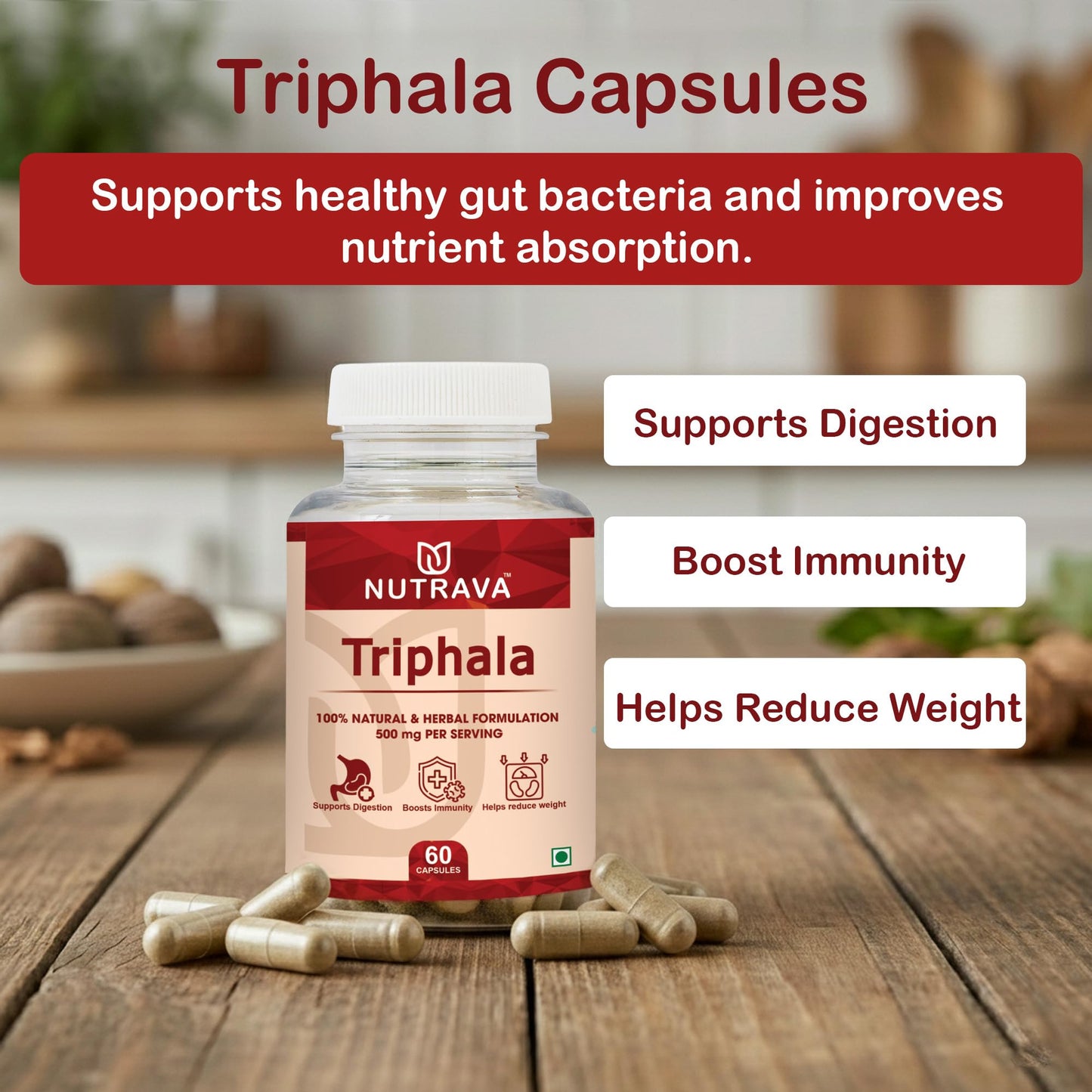 Nutrava Triphala Capsules 500mg | Ayurvedic Digestive Cleanse & Detox Supplement for Gut Health, Digestion & Immunity | Herbal Supplement for Men & Women | 60 Veg Capsules