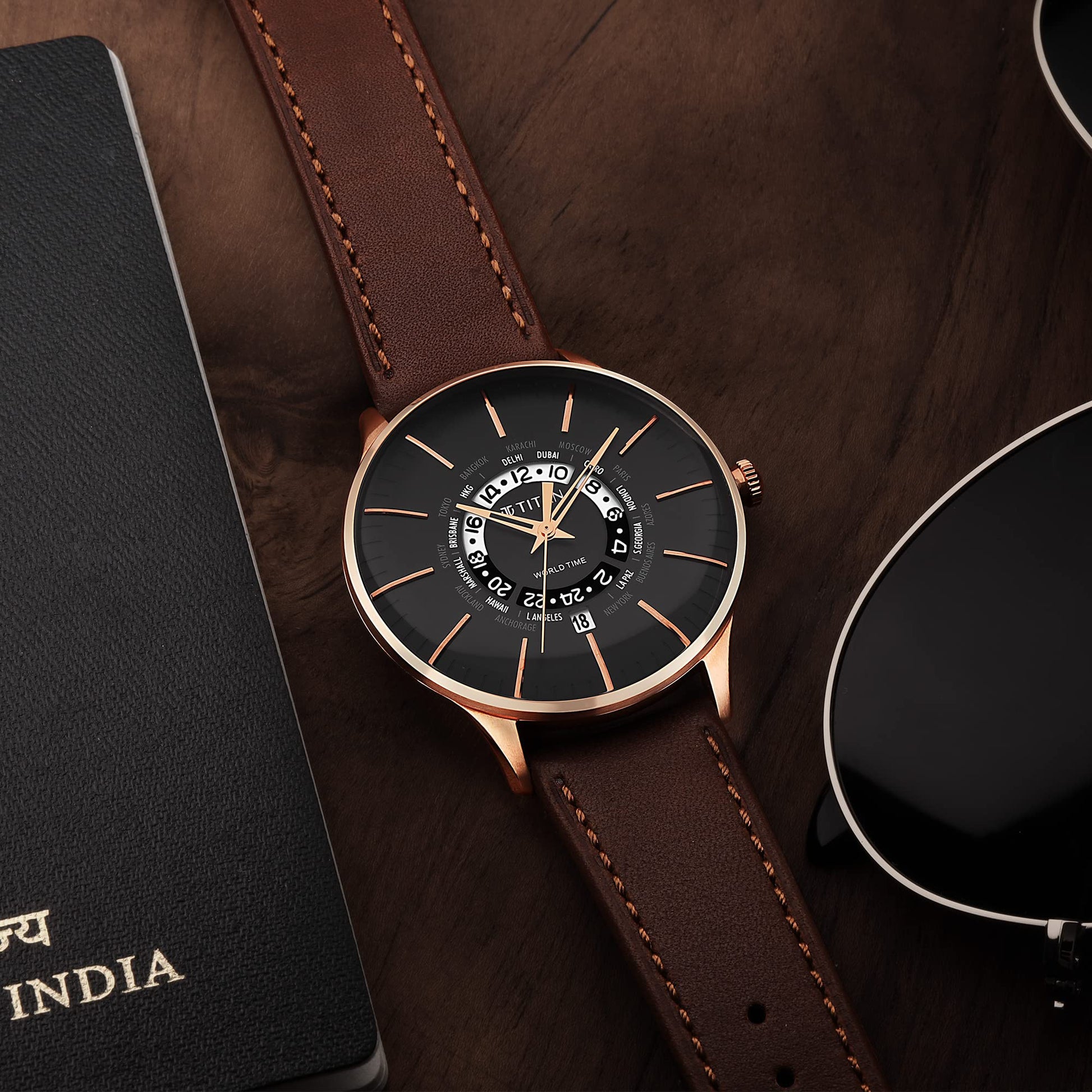 Titan Black Dial World Time with Date Stainless Steel Strap Analog Watc- image 5