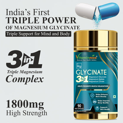 Vitaminnica Magnesium 3-in-1 Complex | Glycinate, Citrate, Malate | High Absorption | 90 Vegan Capsules | Muscle Relaxation, Sleep Support, Stress Relief, Bone & Nerve Health