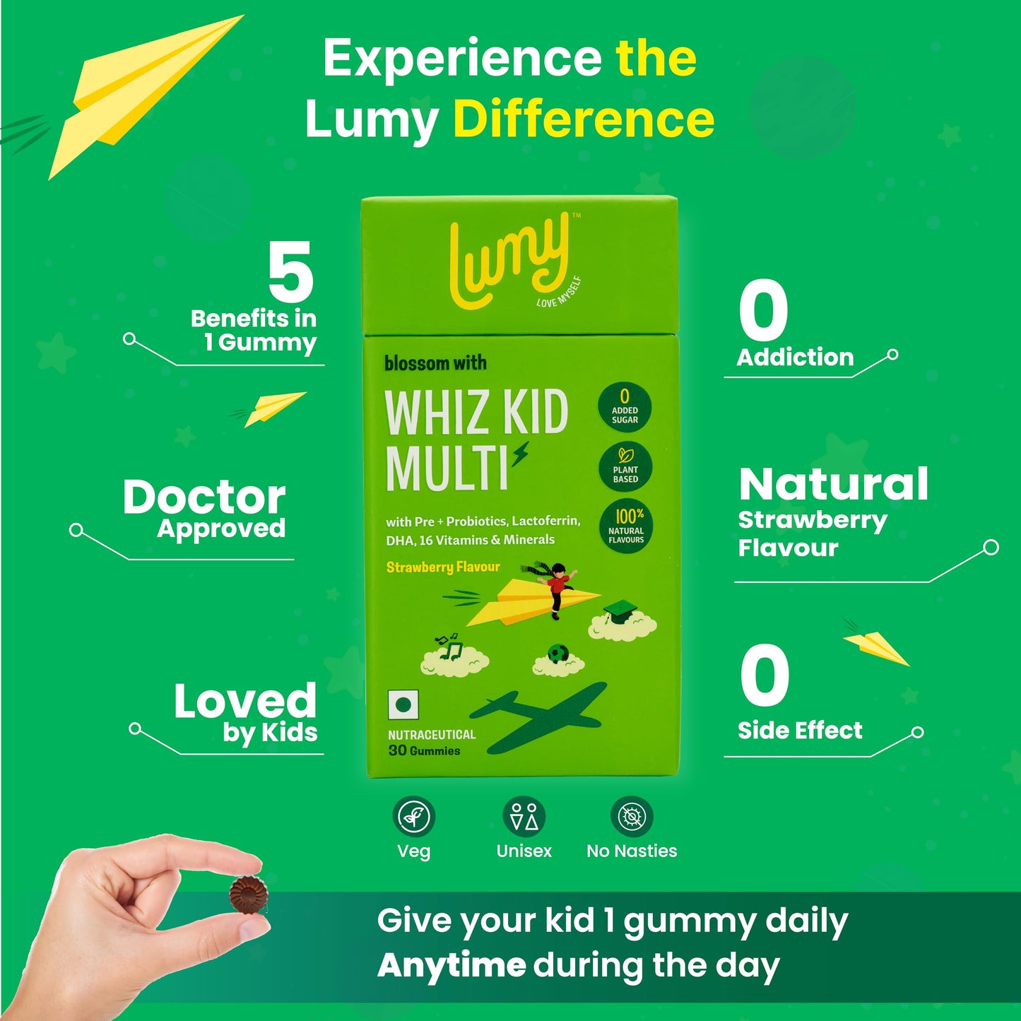 Lumy Whiz Kid MultiVitamin Gummies: Pre+Probiotic, DHA for Happy Gut, Bright Brains | Plant Vit D3 & Lactoferrin | Vit A,B,C, Zinc for Immunity, Vision & Bone Health | No Added Sugar, Veg | Age 7-15