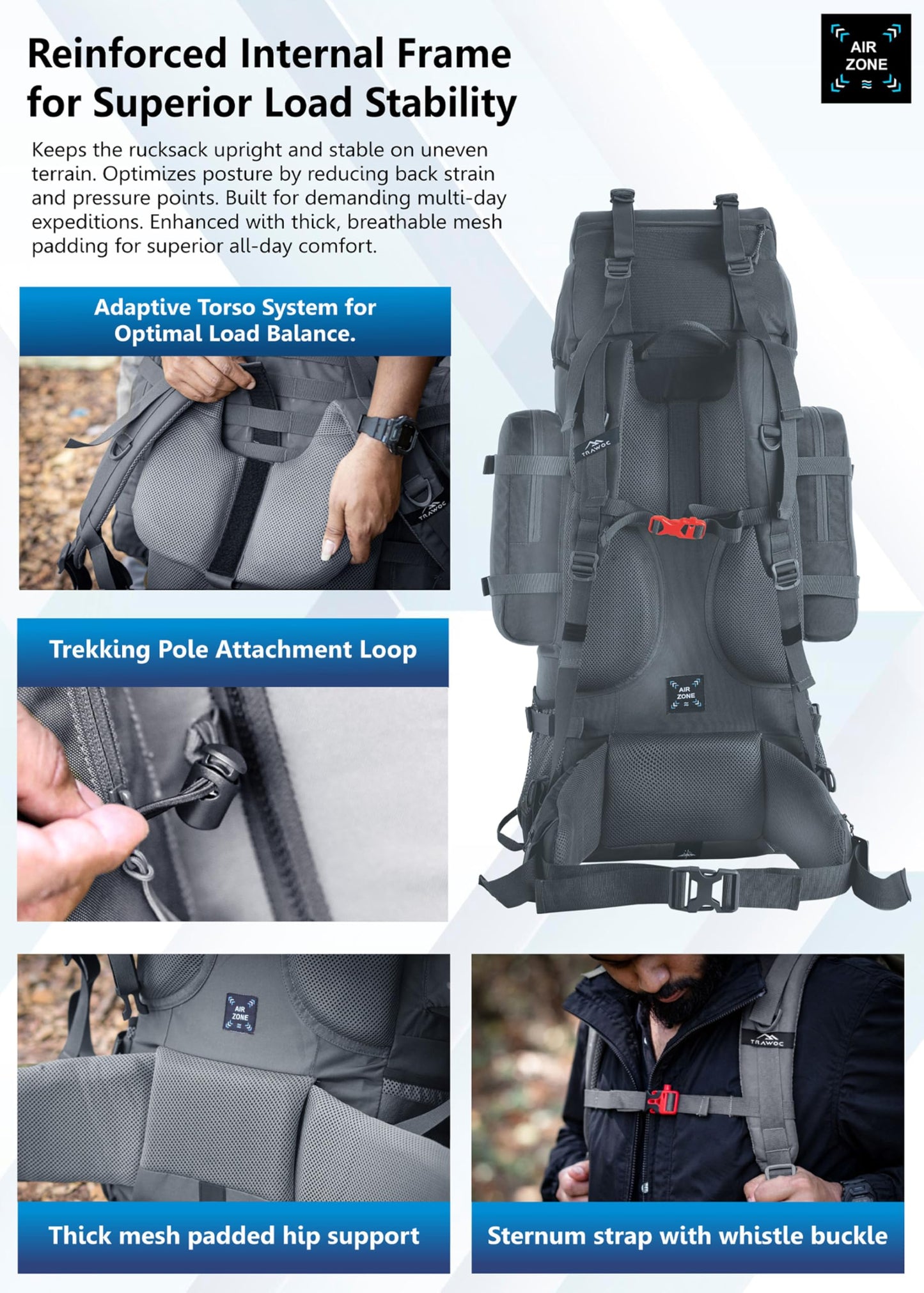 TRAWOC WILDWING 95L (80+15) Internal Frame Trekking Backpack with 15L Detachable Daypack, Rain Cover, Shoe Compartment & Adjustable Fit. Large Rucksack for Travel, Hiking & Camping | 3-Year Warranty