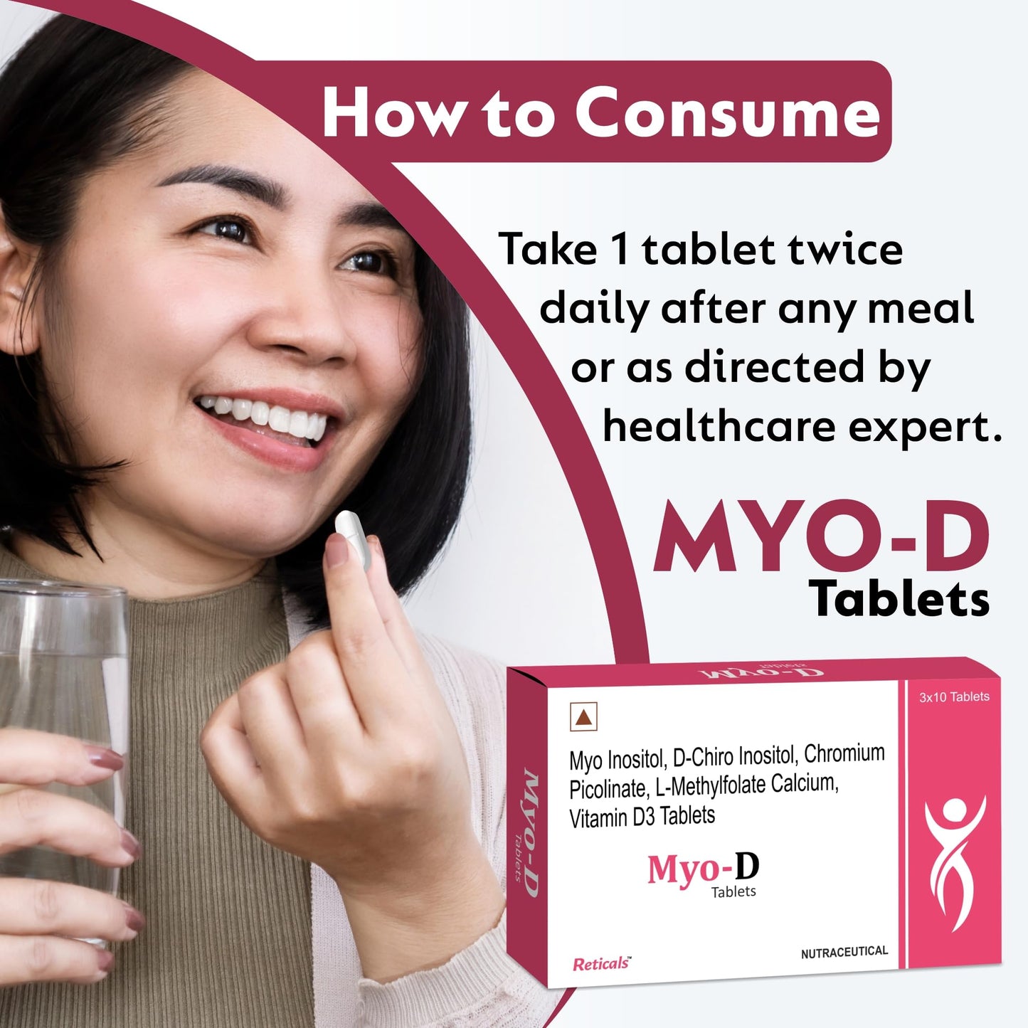 Reticals PCOS, PCOD management for women- Myo-inositol, D-Chiro Inositol, L-Methylfolate Vitamin D3, Chromium picolinate, Pack of 30 Tablets