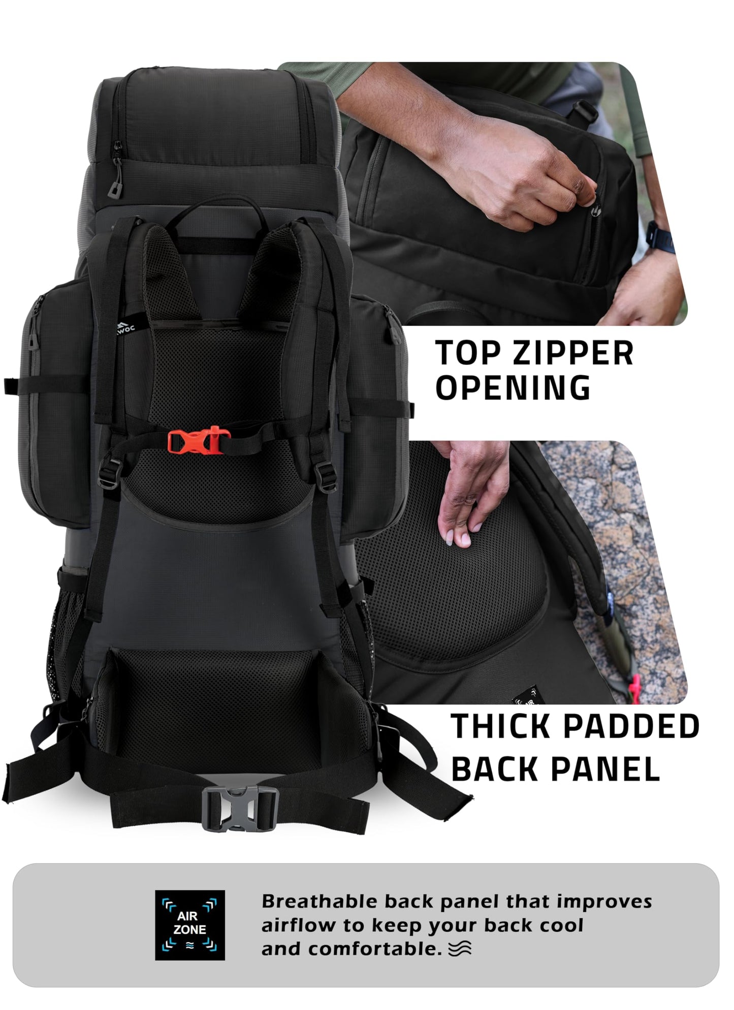 TRAWOC EXPEDITION 80L Travel Backpack Camping Hiking Rucksack Trekking Bag for Men & Women with Water Proof Rain Cover/Shoe Compartment BHK001 Black