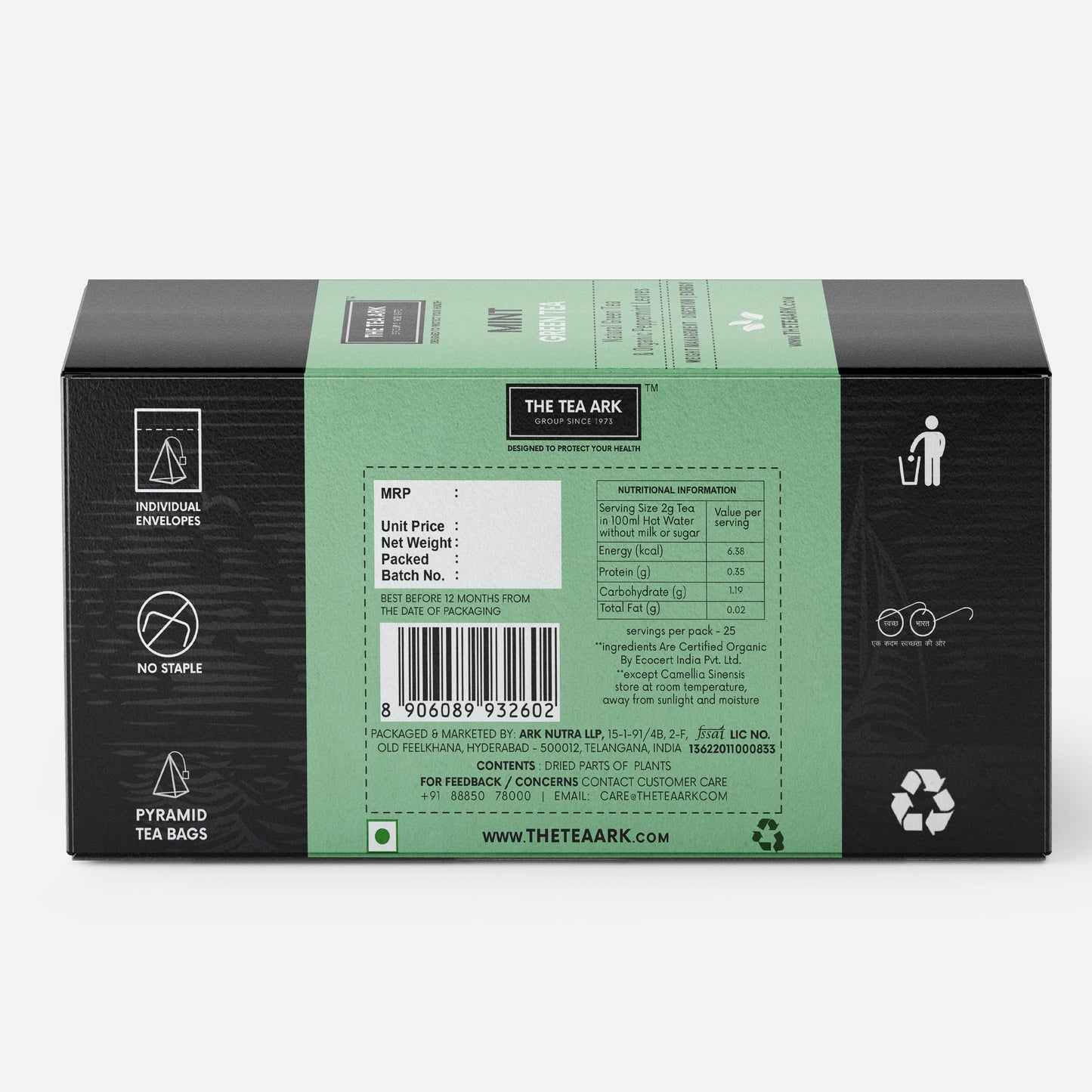 The Tea Ark Mint Green Tea Bags (25 Count) | Natural Herbal Whole Leaf Tea | Individually Wrapped Pyramid Tea Bags (25 Tea Bags, Mint Green)