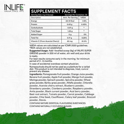 INLIFE Super Greens Powder Supplement | Spirulina, Moringa, Chlorella, Alfalfa, Wheat Grass, Barley Grass Blend | 200g