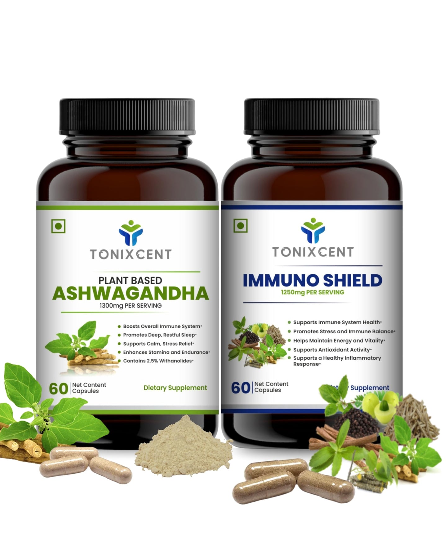 TONIXCENT ImmunoPower Recharge | Ashwagandha & ImmunoShield Capsules Combo | Stress Relief, Immunity & Energy | With Amla, Giloy, Tulsi & Adaptogens | 60+60 Veg Capsules