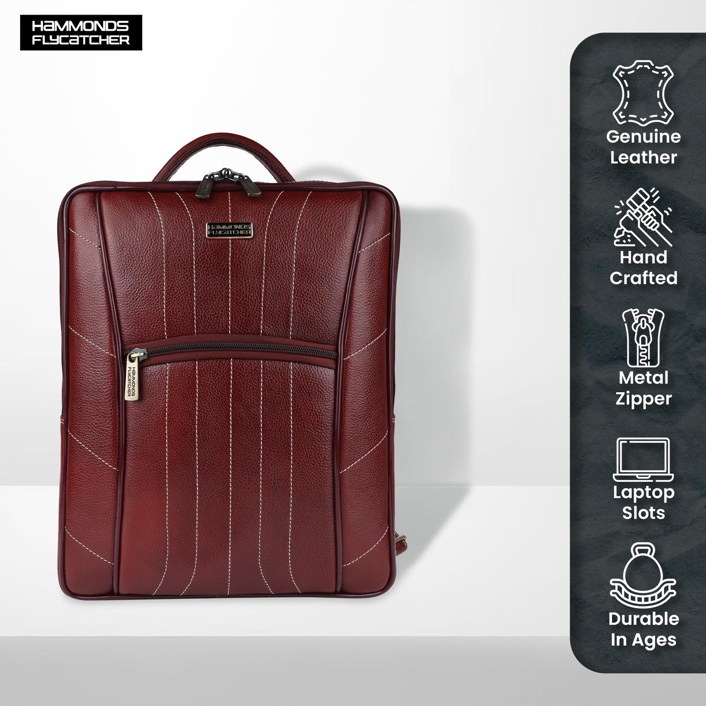 HAMMONDS FLYCATCHER Genuine Leather Laptop Backpack for Unisex - Stylish, Spacious Bag with 3 Compartments, Perfect for College, Work, and Travel - Upto 16 Inch Laptop - Brown