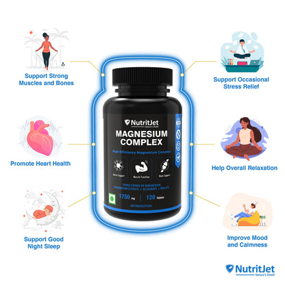 NutritJet Magnesium Glycinate Citrate Malate Complex | Max Absorption, Support Heart, Sleep, Muscle Health, Non-GMO & Gluten Free | 1750mg - For Men & Women 120 Tablets