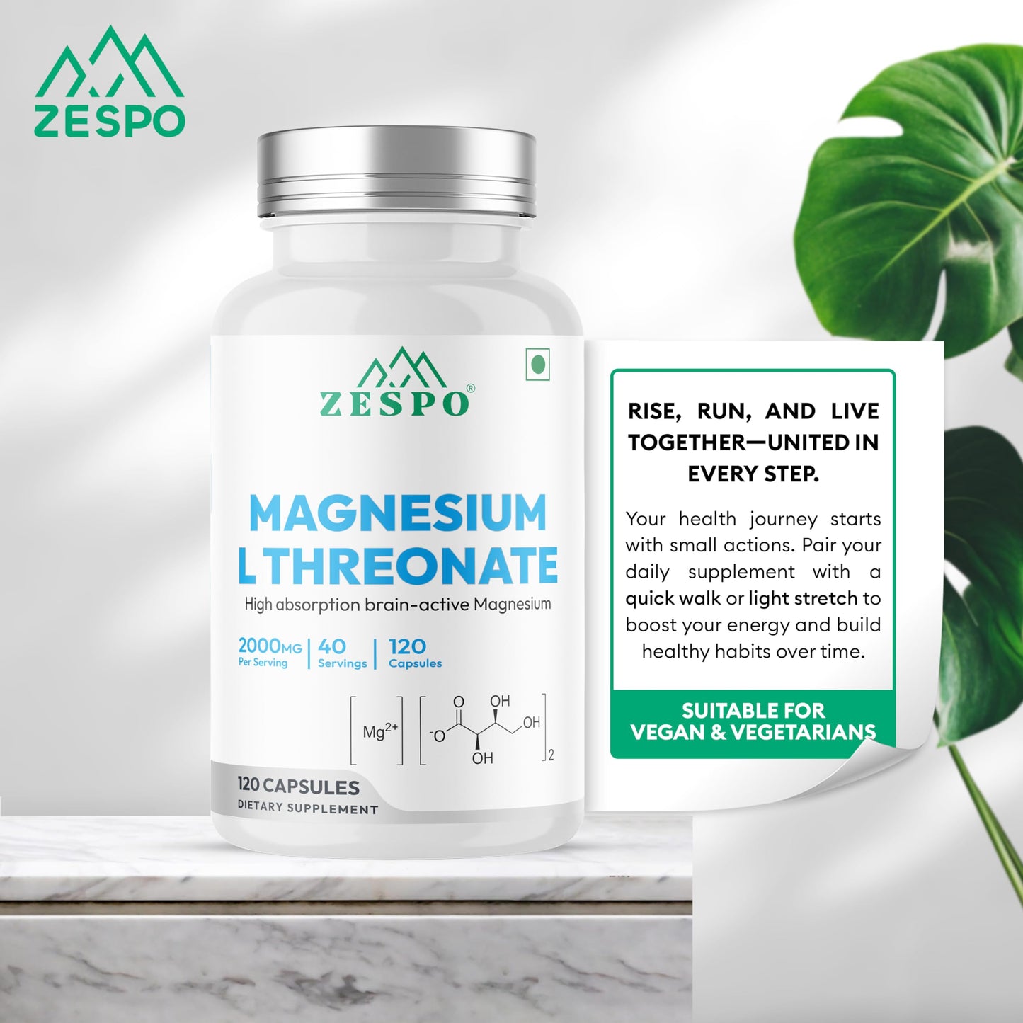 ZESPO Magnesium L-Threonate 2000mg Per Serving (144mg Elemental Magnesium) | 120 Vegetarian Capsules | Magnesium Supplement for Nerve & Muscle Function | 40 Servings