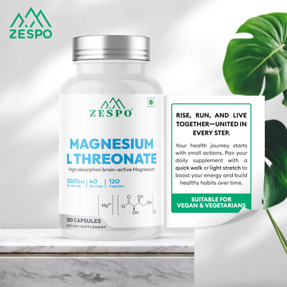 ZESPO Magnesium L-Threonate 2000mg Per Serving (144mg Elemental Magnesium) | 120 Vegetarian Capsules | Magnesium Supplement for Nerve & Muscle Function | 40 Servings